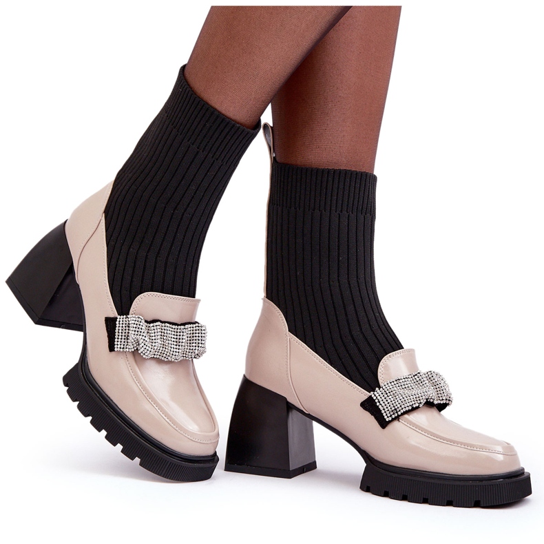 Botas femininas com uma meia decorada com zircões bege s.barski mr870-41 5