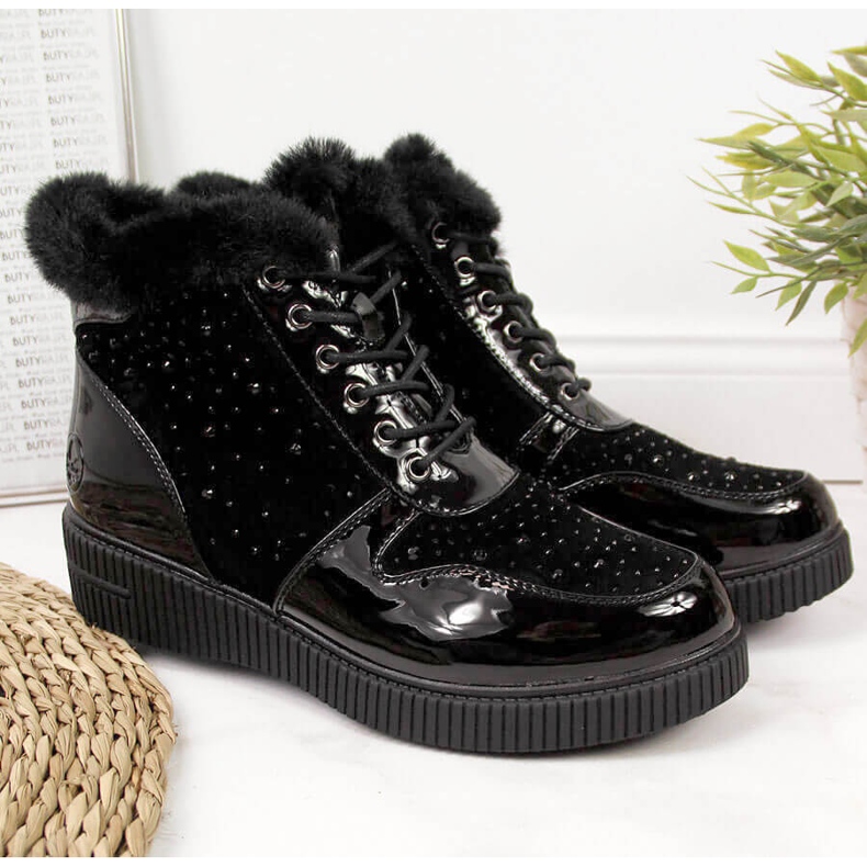 Botas de couro com isolamento de couro preto Rieker 93312-00 na plataforma 1