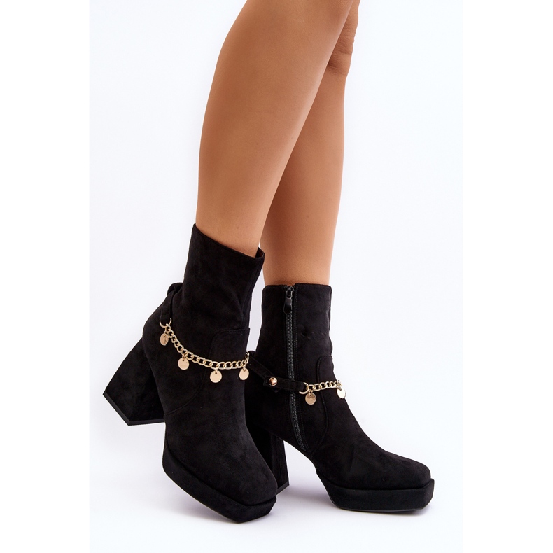 Botins femininos de salto alto com corrente preto Tiselo preto 2
