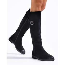 W. Potocki Bota feminina de camurça com salto raso, Potocki preto 1