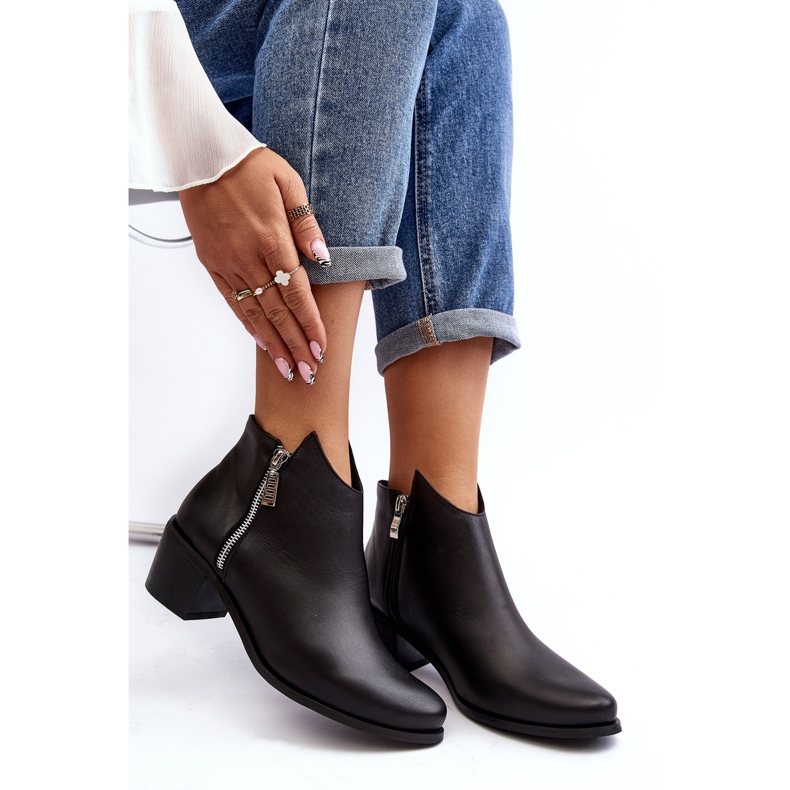 Botins femininos de couro com cano baixo e salto alto com zíper, Preto Annaja 2 Botins femininos de couro com cano baixo e salto alto com zíper, Preto Annaja 2