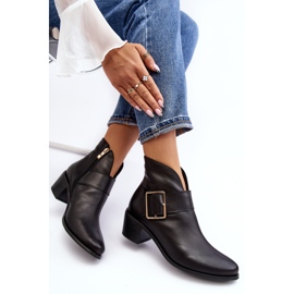 Botins femininos de couro com salto baixo e fivela, preto Liliane 1