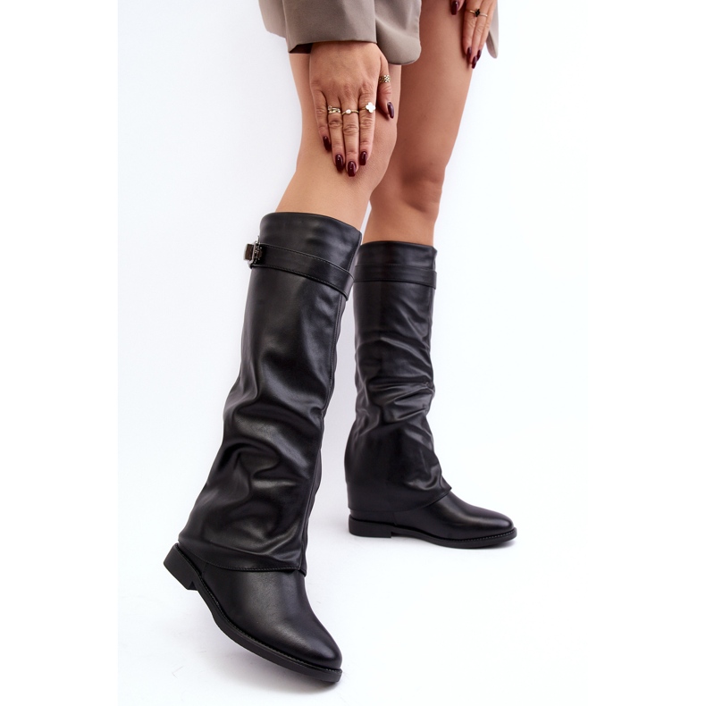Botas femininas rasteiras com cano franzido, Tercella preta preto 2