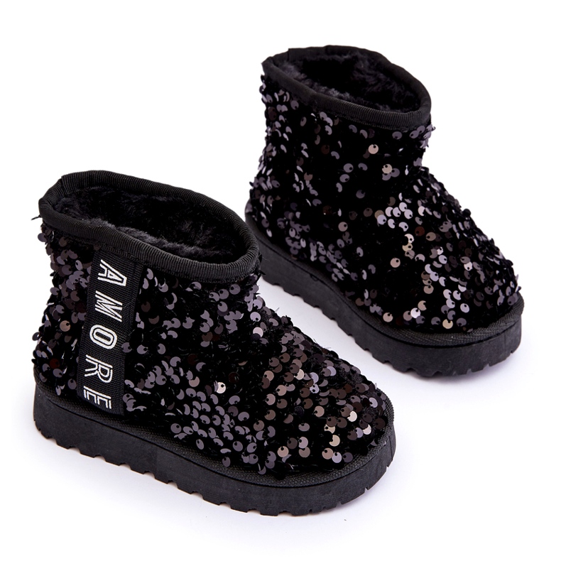 Botas de neve das meninas isoladas com lantejoulas pretas preto 3