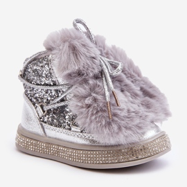 Botas infantis de neve com pele e lantejoulas, prata Bryana 1 Botas infantis de neve com pele e lantejoulas, prata Bryana 1