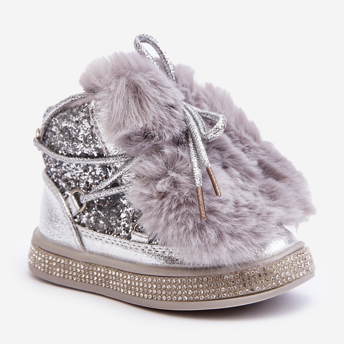 Botas infantis de neve com pele e lantejoulas, prata Bryana 1 Botas infantis de neve com pele e lantejoulas, prata Bryana 1