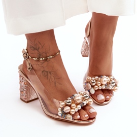 Sandálias de salto alto transparentes e elegantes em ouro rosa S.Barski MR1037-17 2