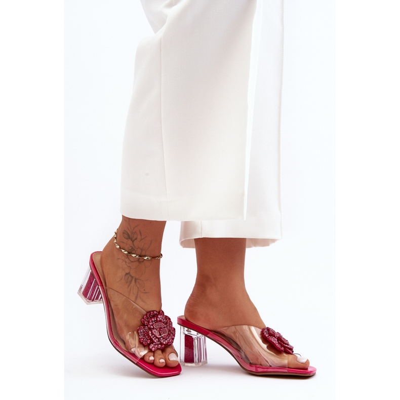 Chinelos transparentes de salto alto com decoração fúcsia S.Barski MR1037-20 rosa 1 Chinelos transparentes de salto alto com decoração fúcsia S.Barski MR1037-20 rosa 1