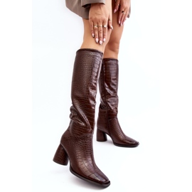 Botas femininas de salto alto até o joelho, padrão cobra, marrom Ceriona 4