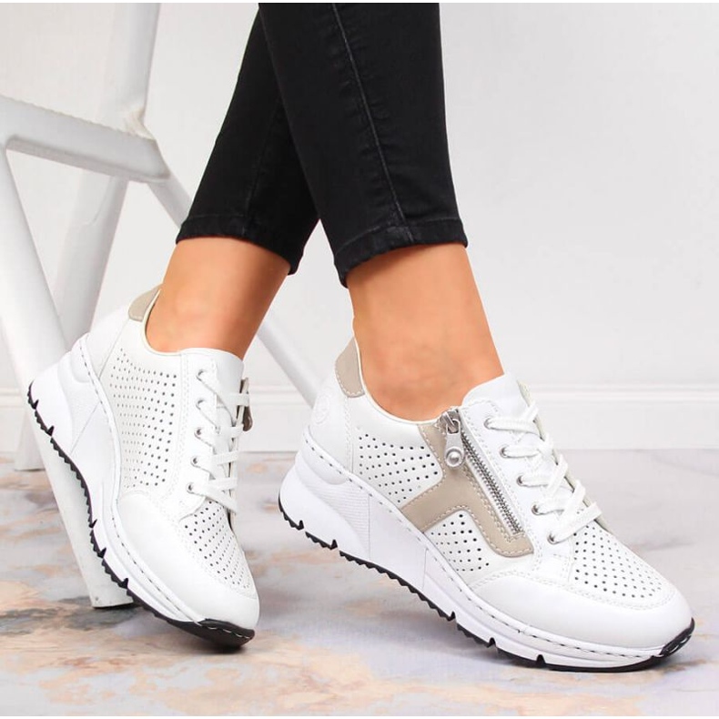 Rieker W N6304-80 sapatos de cunha de couro branco 2