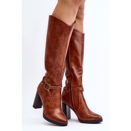 Botas femininas de salto alto com decoração acima do joelho Camel Rahallis marrom 1