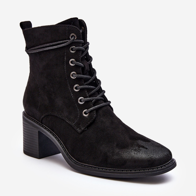 Botins femininos de salto baixo com cordões pretos serellia preto 1