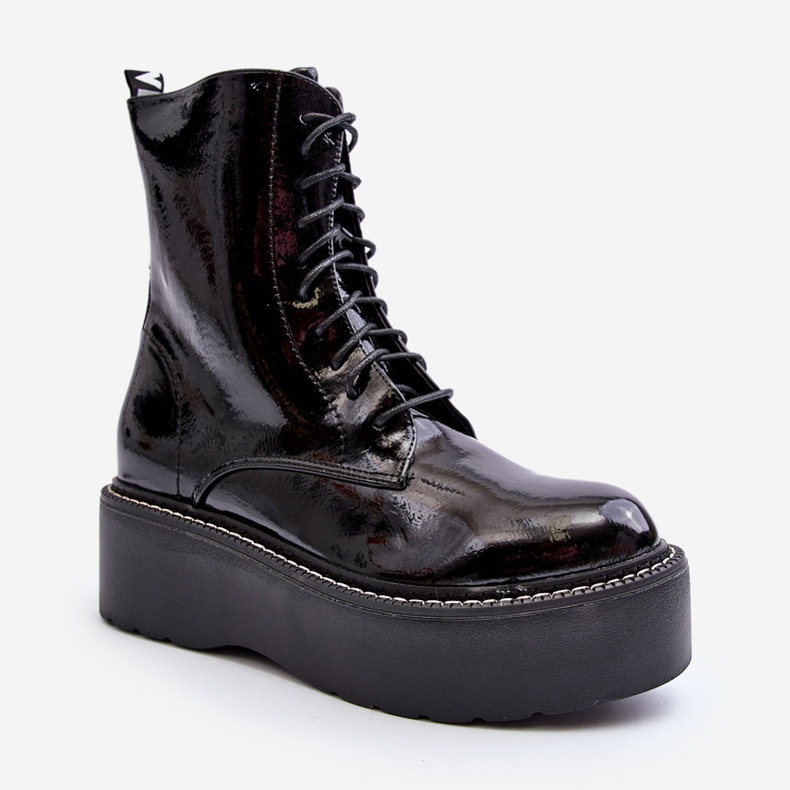 Botas femininas de couro envernizado com sola grossa Movana preta preto 2
