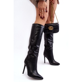 Super Mode Botas Femininas de Salto Alto Padrão Animal Preta Mambra preto 3