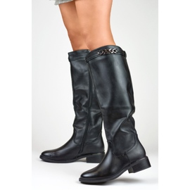 Botas femininas de cano alto com sola plana em couro ecológico preto 2