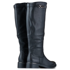 Botas femininas de cano alto com sola plana em couro ecológico preto 1