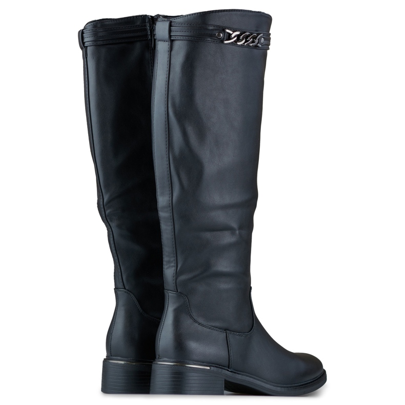 Botas femininas de cano alto com sola plana em couro ecológico preto 1