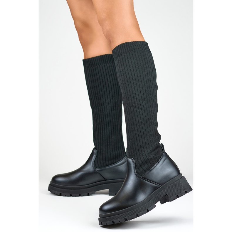 Botas femininas pretas com cano elástico, botas femininas com meia preto 1