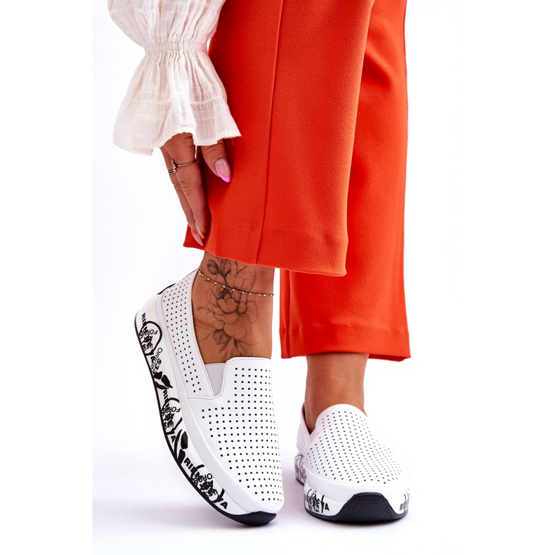 S.Barski Tênis sem cadarço de couro Openwork Branco Gedra 1