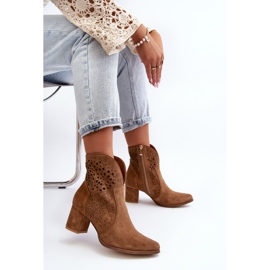 Zazoo 3166 Botas femininas de salto alto perfurado, camurça camelo castanho 1