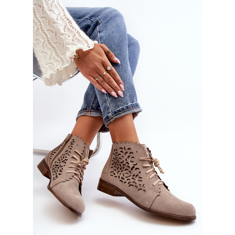 Zazoo 2871 Botins femininos com cadarço aberto, bege 1 Zazoo 2871 Botins femininos com cadarço aberto, bege 1