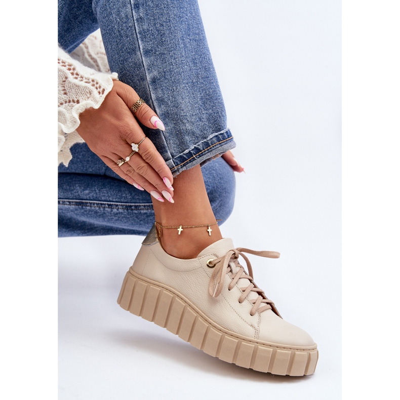 Zazoo 2919 Sapatos femininos de couro com sola grossa, bege 1