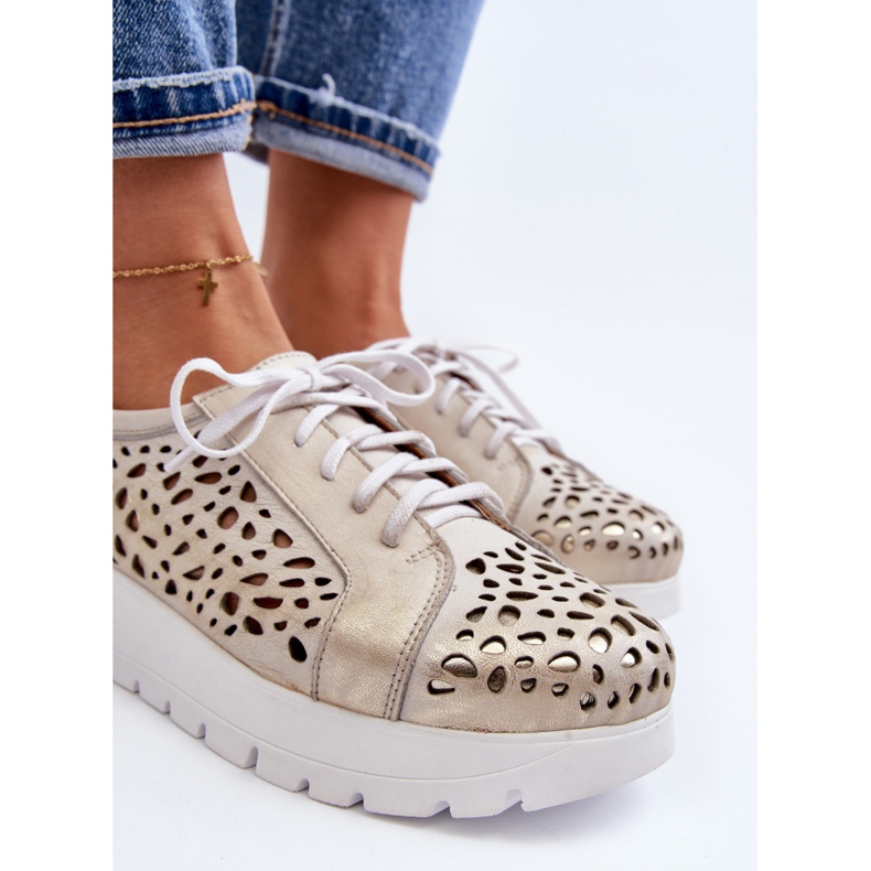 Sapatos femininos de couro Zazoo 2821, dourado perfurado 1