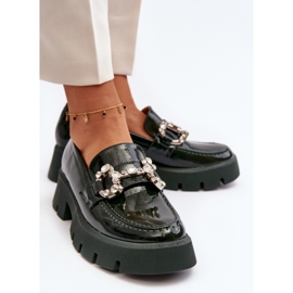 Mocassins femininos de couro envernizado com decoração, verde escuro Arsaba 1
