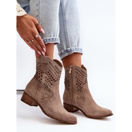 Zazoo 3305 Botas femininas de cowboy com salto baixo e camurça cappucino bege 2