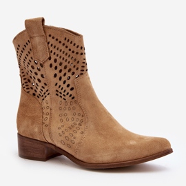 Zazoo 3305/2 Botas de cowboy femininas abertas com salto baixo camurça bege 2