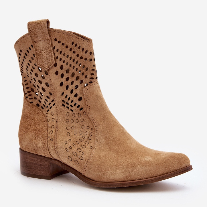 Zazoo 3305/2 Botas de cowboy femininas abertas com salto baixo camurça bege 2