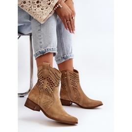 Zazoo 3305/2 Botas de cowboy femininas abertas com salto baixo camurça bege 1