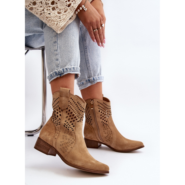 Zazoo 3305/2 Botas de cowboy femininas abertas com salto baixo camurça bege 1