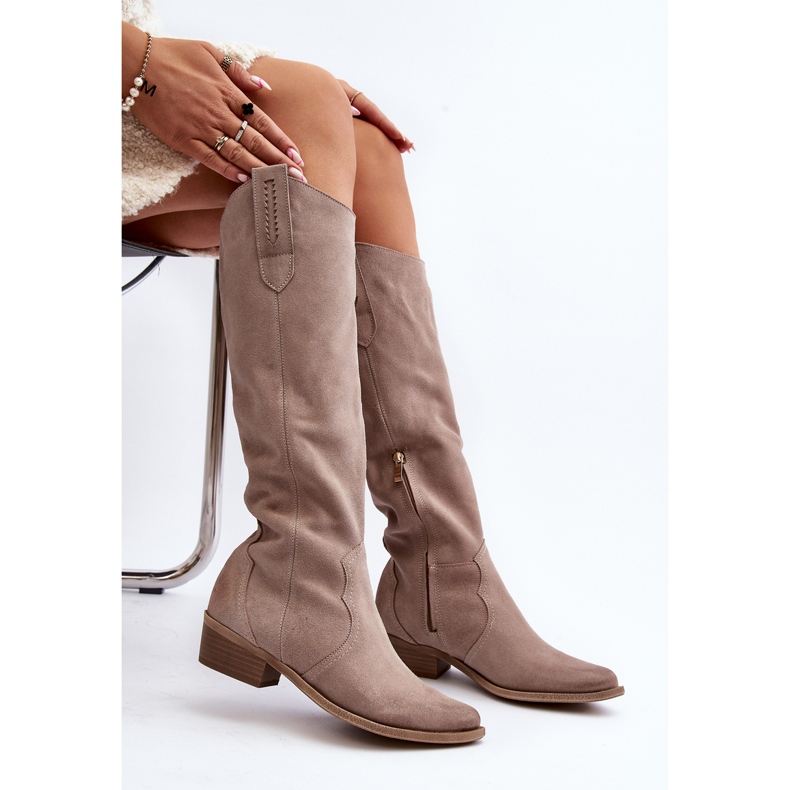 Zazoo 3427 Botas cowboy femininas de camurça e cappuccino bege 1