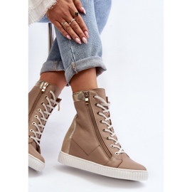 Zazoo 3081 Tênis feminino de couro com cunha, bege 1