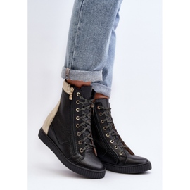 Zazoo 3081 Tênis feminino de couro com cunha, preto 1