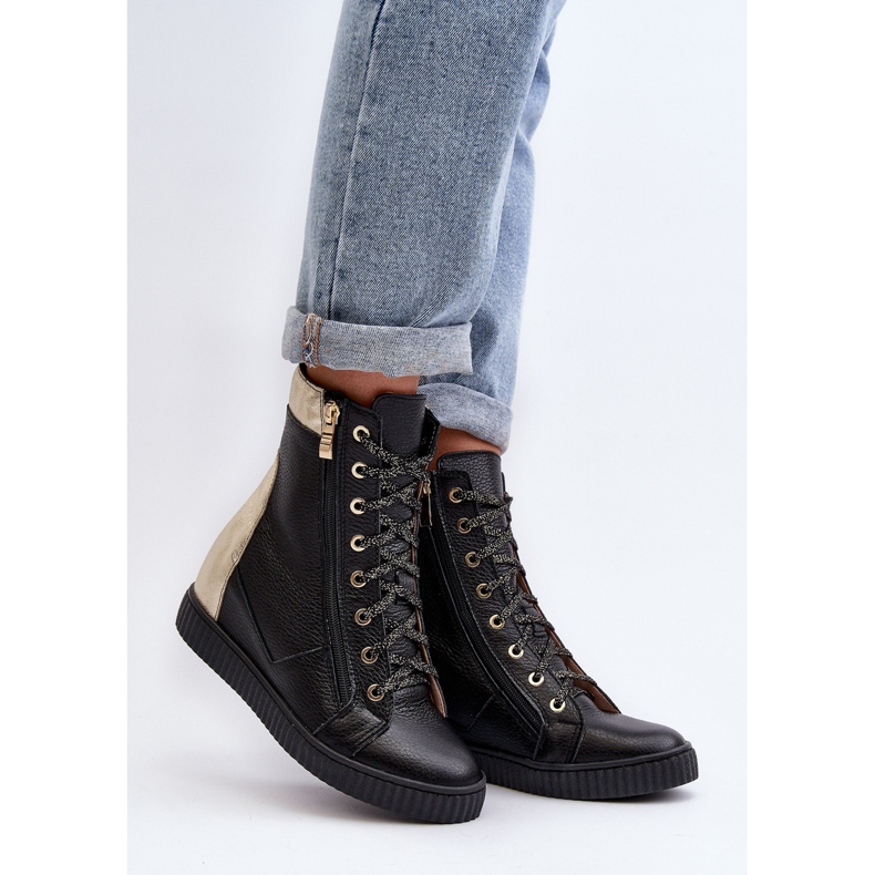 Zazoo 3081 Tênis feminino de couro com cunha, preto 1