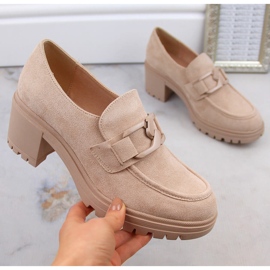 Sapatos femininos, mocassins de camurça com salto alto e plataforma, bege Vinceza 10921 1