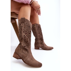 Zazoo 3403 Botas femininas abertas com salto baixo, bege escuro 1