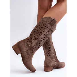 Zazoo 3403 Botas femininas abertas com salto baixo, bege escuro 2