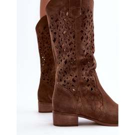 Botas femininas Zazoo 3403 marrons perfuradas com salto baixo castanho 2