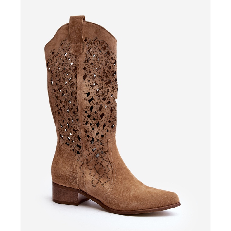 Zazoo 3403 Botas femininas abertas com salto baixo, bege 2