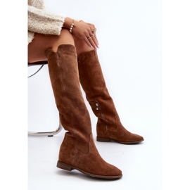 Zazoo 3407 Botas de camurça até o joelho com salto plano camelo castanho 1