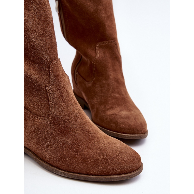 Zazoo 3407 Botas de camurça até o joelho com salto plano camelo marrom 2