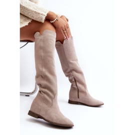 Zazoo 3407 Botas de camurça até o joelho com salto plano cappuccino bege 2