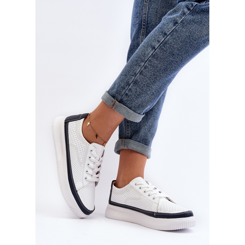 Sergio Leone Tênis feminino esportivo de couro branco e azul marinho Failla 2