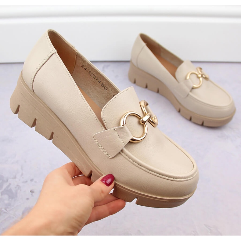Sapatos femininos, mocassins de cunha, bege Potocki SZ12374 1