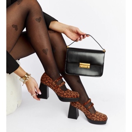 Sapatos de leopardo Cher com salto bloco enorme castanho 1