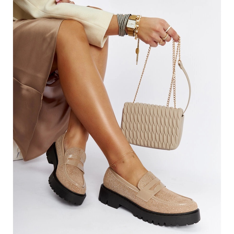 Mocassins bege decorados com strass Newport 1 Mocassins bege decorados com strass Newport 1