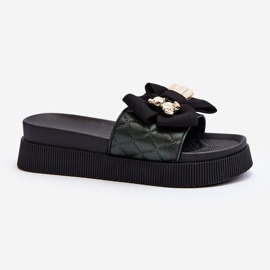 Chinelos femininos pretos com laço e ursinho de pelúcia Katerina 1